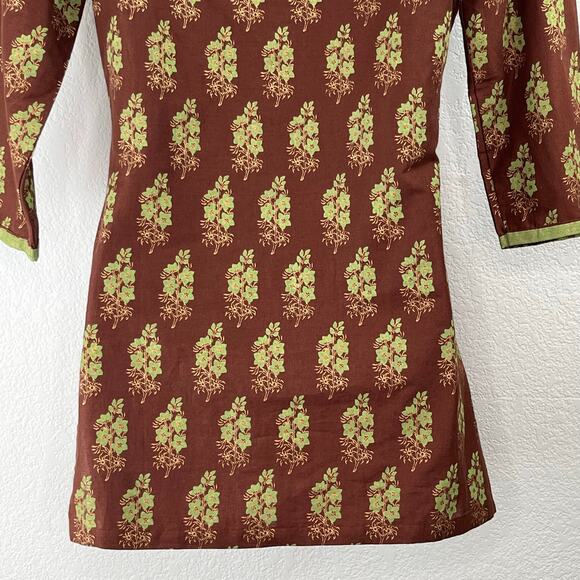 Biba Brown Floral Indian Tunic Top 100% Cotton Split V-Neck 32/US 0-2 NWT - Picture 9 of 14
